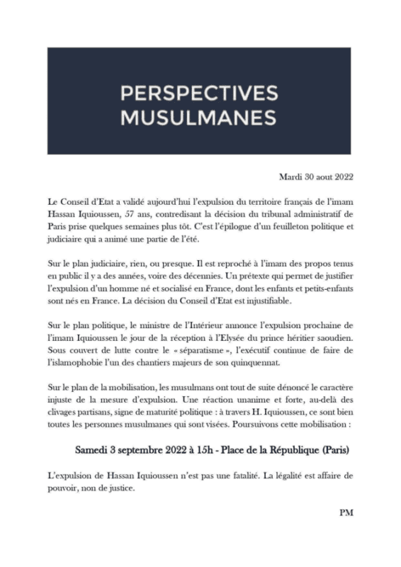 Perspectives musulmanes. Rassemblement Paris Samedi 3 Septembre 2022