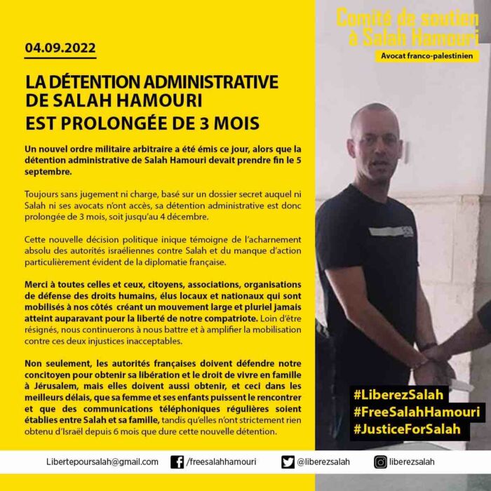 La détention administrative de Salah Hamouri est prolongée de 3 mois
