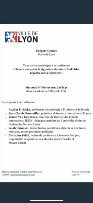 À Lyon (1er), conférence « Trente ans après la signature des Accords d’Oslo, regards sur la Palestine »