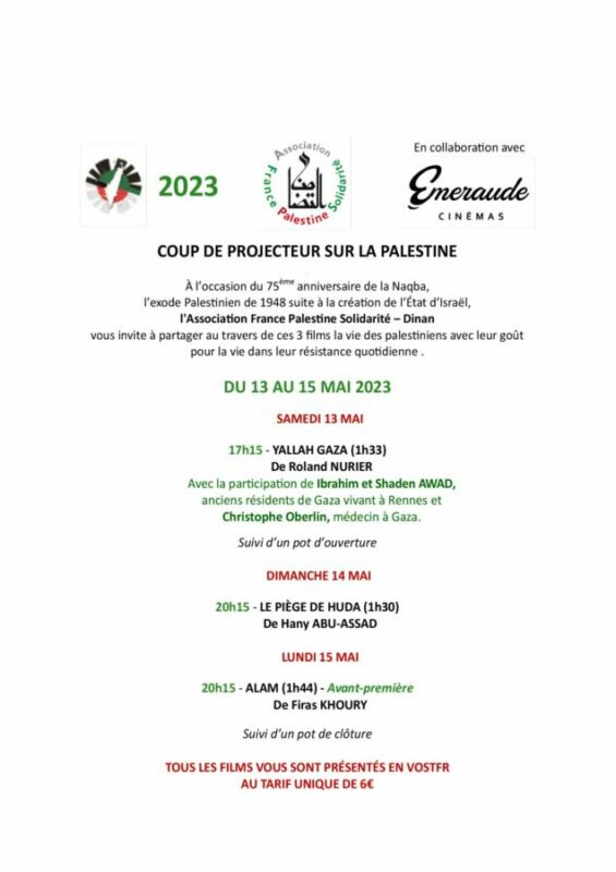 À  l'occasion du 75eme anniversaire de la Naqba à Dinan, coup de projecteur sur la Palestine du 13 au 15 mai 2023