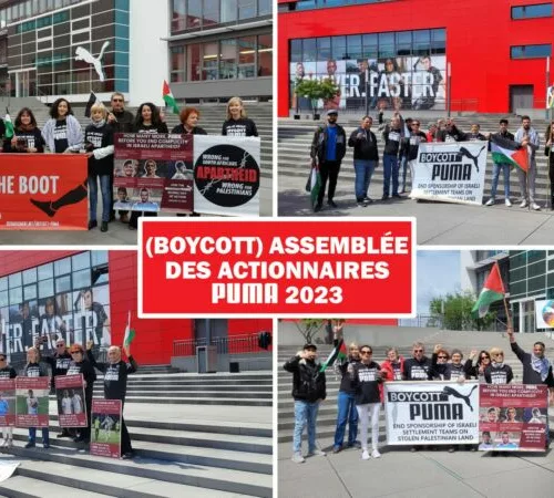 PUMA AGM collage fr 2 Des activistes dénoncent la complicité de PUMA dans l’apartheid israélien lors de l’Assemblée Générale de la société