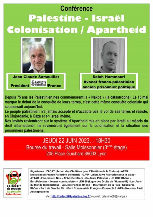 À Lyon (3ème), conférence sur le thème : "Palestine-Israël Colonisation / Apartheid"