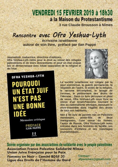 À Nîmes, rencontre avec Ofra Yeshua-Lyth autour de son livre "POURQUOI UN ÉTAT JUIF N’EST PAS UNE BONNE IDÉE"