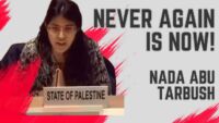 « Plus jamais ça, c’est MAINTENANT !» Nada Abu Tarbush, représentante de la Palestine à l’ONU, dénonce les crimes de guerre commis par Israël à Gaza.