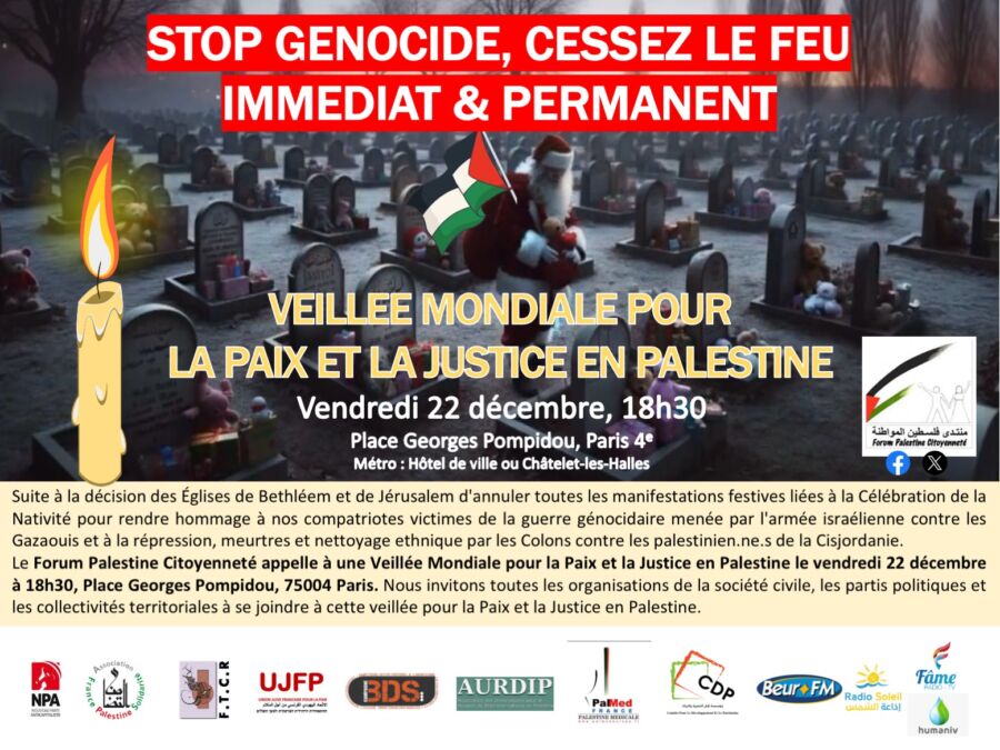 À Paris (4ème), veillée pour la paix et la justice en Palestine