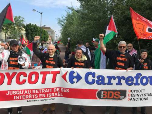 Boycott carrefour Forte mobilisation de militant-e-s à l’Assemblée Générale de Carrefour le 24 mai 2024 à Aubervilliers.