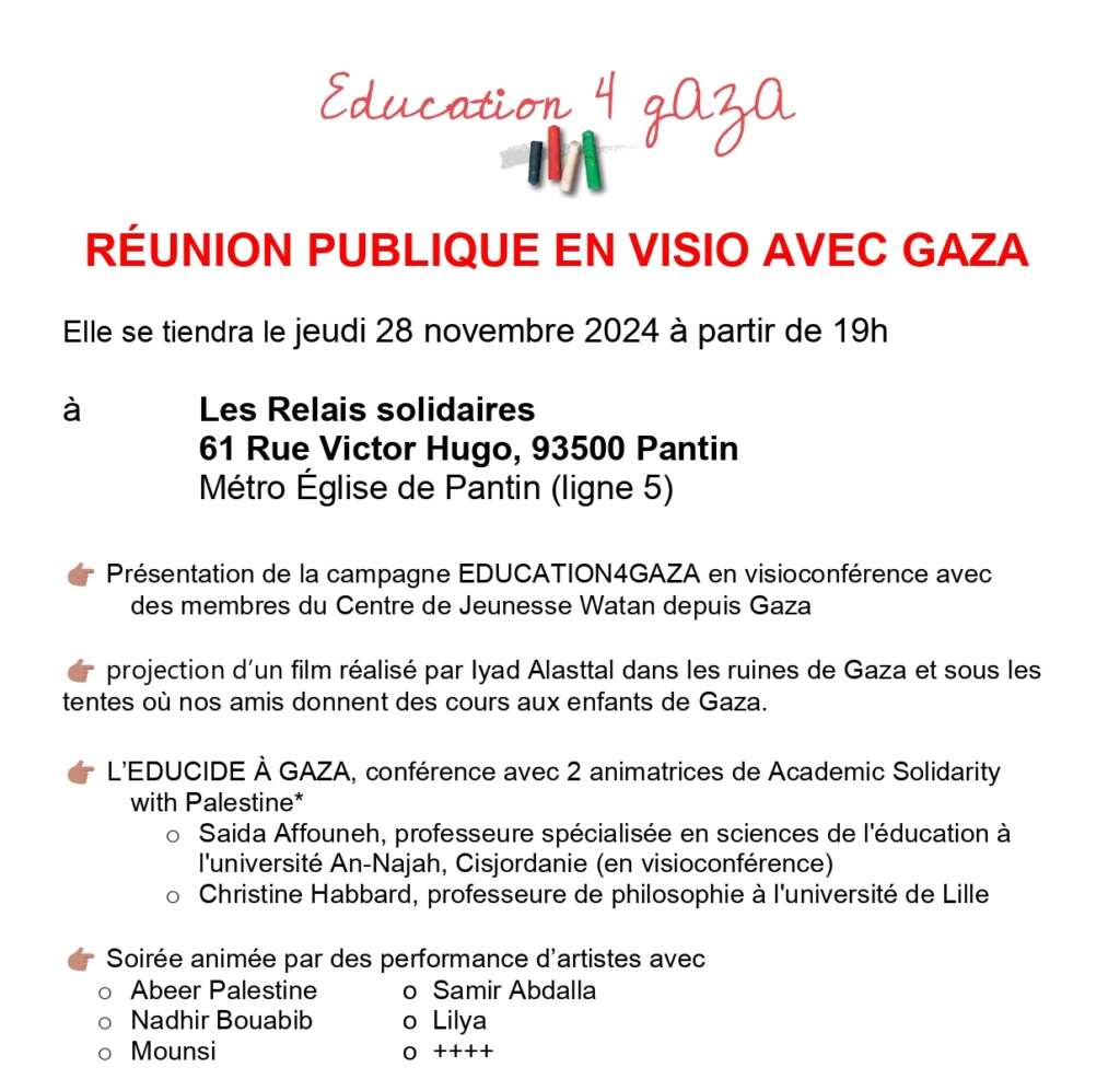 À Pantin (93), présentation de la campagne "Education 4 Gaza" 5 11 28 reunion publ. Pantin page 0001Red À Pantin (93), présentation de la campagne "Education 4 Gaza"