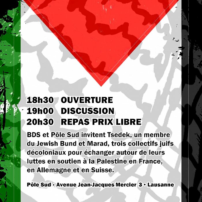 bds pole sud 191224 format carre def 2 resp700 À Lausanne, échanges avec 3 collectifs juifs sur le thème : "Luttes juives antisionistes - regards croisés"