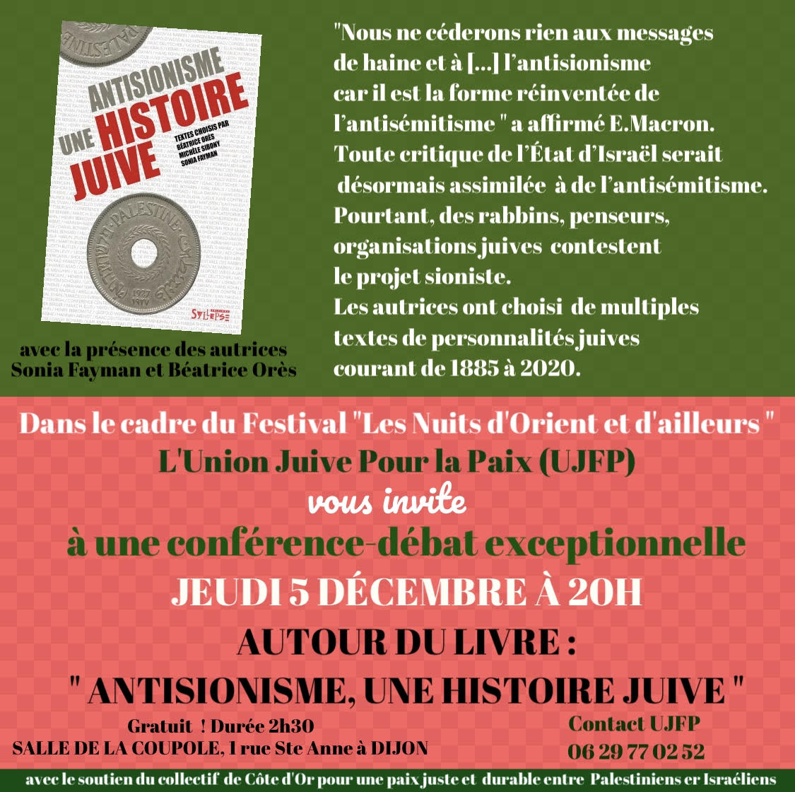 flyer ANTISIONISME Nuits dOrient 5 dec À Dijon (21), conférence-débat autour du livre "Antisionisme, une histoire juive"