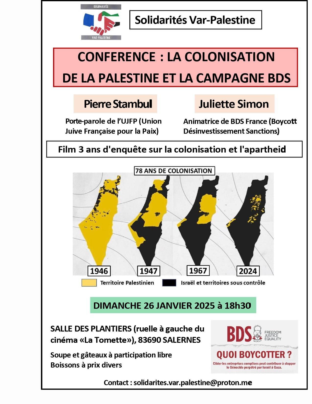 2025.01.26 Affiche A4 Conference Salernes Fond Blanc cor V3 page 0001 À Salernes (83), conférence : "La colonisation de la Palestine et la Campagne BDS" avec Pierre Stambul et Juliette Simon