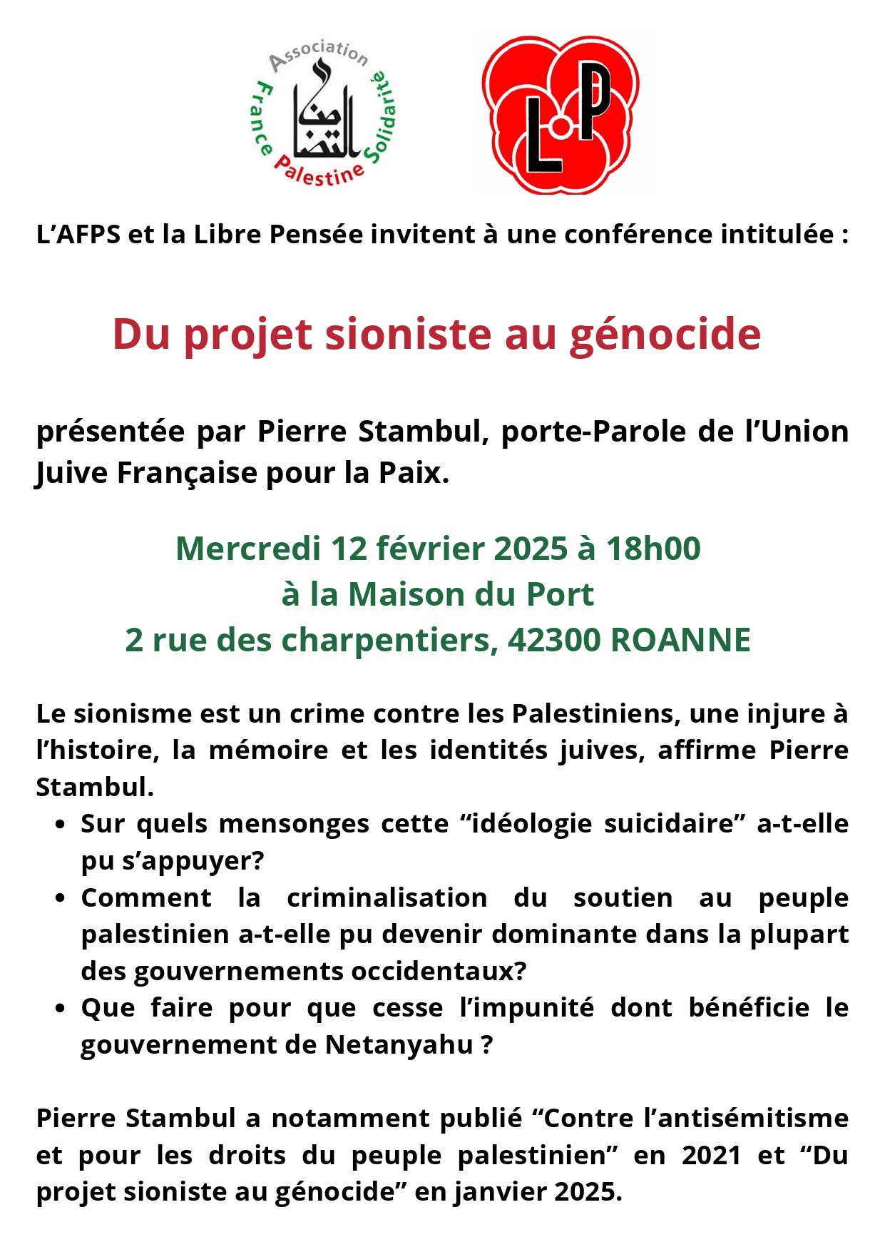 Flyer Conference Pierre STAMBUL 1 page 0002 À Roanne (42), conférence animée par Pierre Stambul "Du projet sioniste au génocide"
