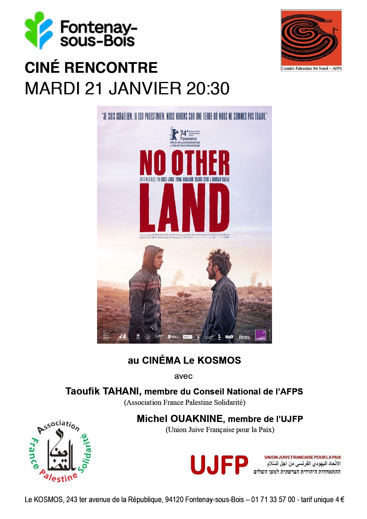 No Other Land COM afps page 0001 À Fontenay-sous-bois (94), projection du film "No other land" suivie d'une rencontre avec Taoufik Tahani (AFPS) et Michel Ouaknine (UJFP)