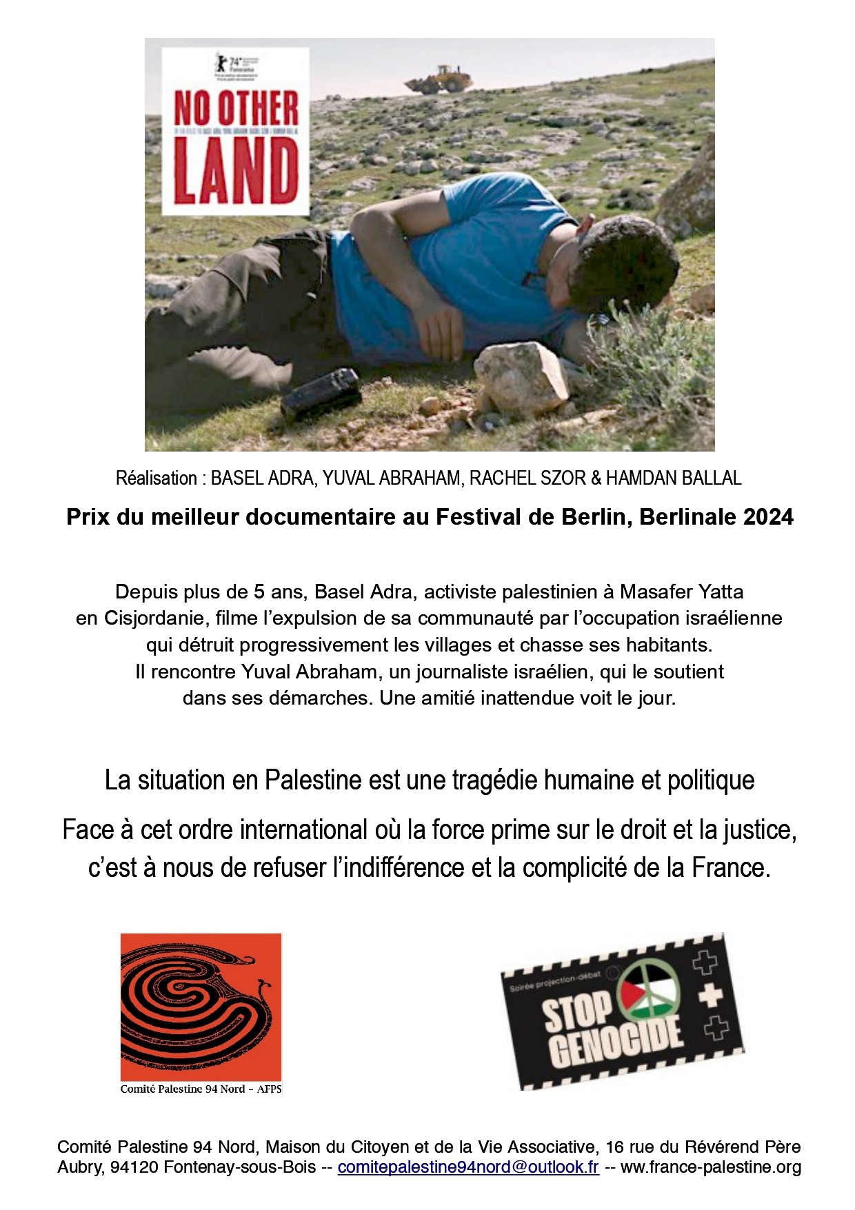 No Other Land COM afps page 0002 À Fontenay-sous-bois (94), projection du film "No other land" suivie d'une rencontre avec Taoufik Tahani (AFPS) et Michel Ouaknine (UJFP)
