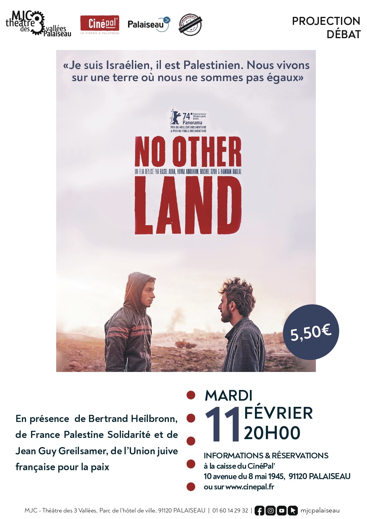 No Other Land fevrier 2025 page 0001 À Palaiseau (91), projection du film "No other land" suivi d'un débat avec Bertrand Heilbronn de l'AFPS et Jean-Guy Greilsamer de l'UJFP
