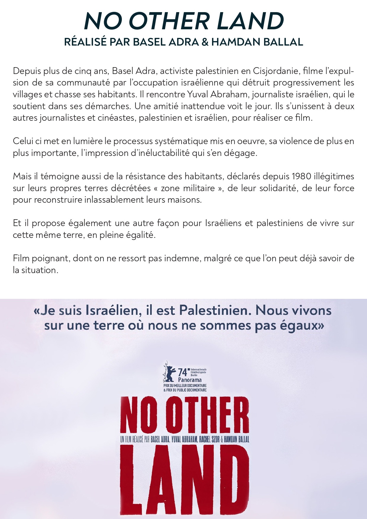 No Other Land fevrier 2025 page 0002 À Palaiseau (91), projection du film "No other land" suivi d'un débat avec Bertrand Heilbronn de l'AFPS et Jean-Guy Greilsamer de l'UJFP