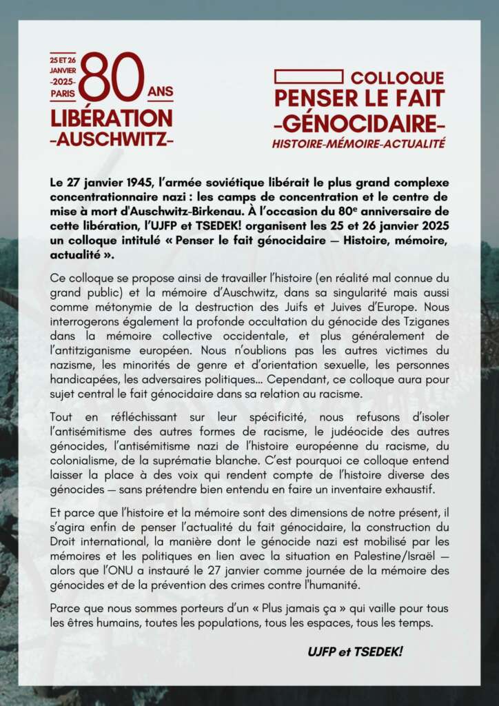 Presentation finale modifiee 10 01 25 Colloque "80 ans après la libération d'Auschwitz, penser le fait génocidaire - Histoire, Mémoire, Actualité"