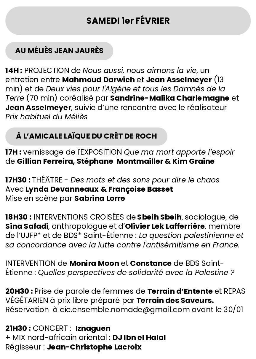 À Saint-Etienne (42), Week-end Palestine - Nos voix pour l'espoir 5 Programme Weekend Palestine 3 À Saint-Etienne (42), Week-end Palestine - Nos voix pour l'espoir