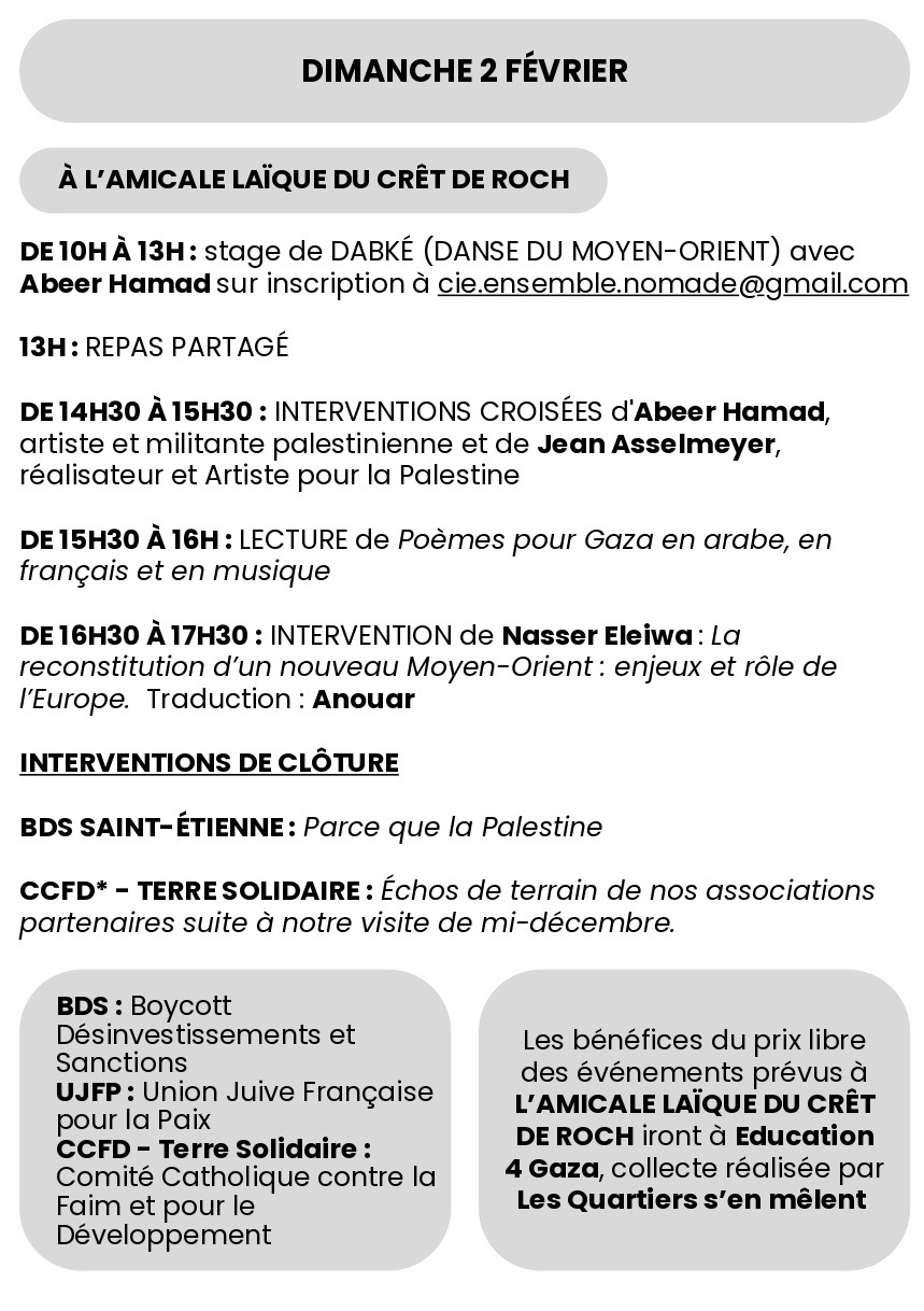 À Saint-Etienne (42), Week-end Palestine - Nos voix pour l'espoir 6 Programme Weekend Palestine 4 À Saint-Etienne (42), Week-end Palestine - Nos voix pour l'espoir