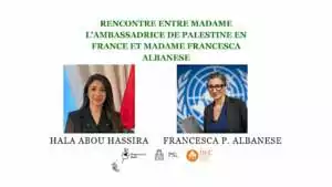 RencontreULM À Paris (5ème), rencontre entre Hala Abou Hassira, ambassadrice de Palestine en France et Francesca Albanese, rapporteuse spéciale des Nations unies sur les territoires palestiniens occupés