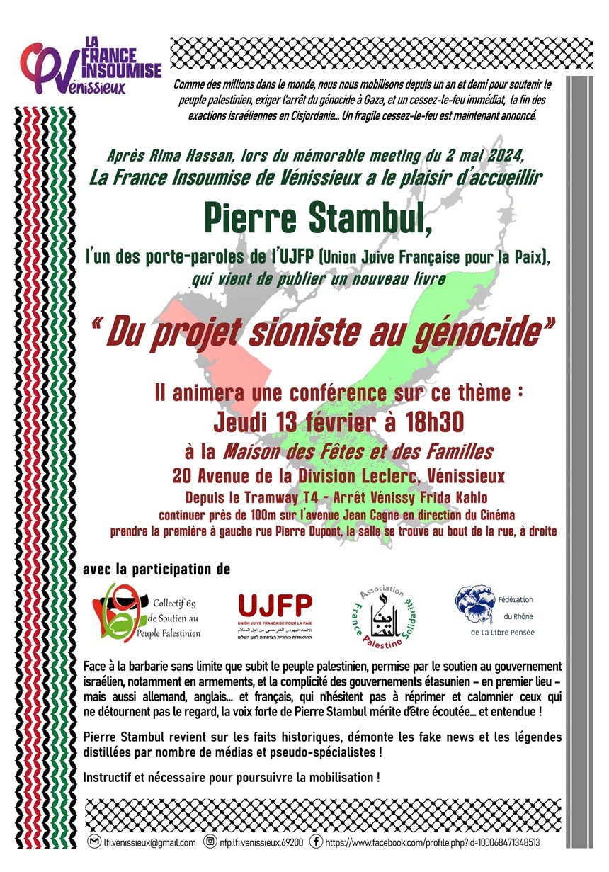 À Venissieux (69), conférence de Pierre Stambul : "Du projet sioniste au génocide"