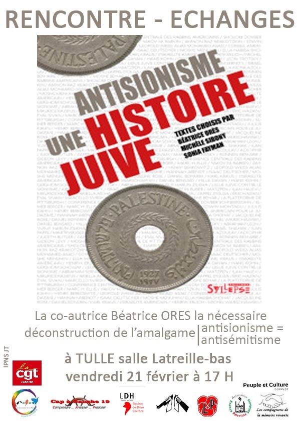 À Tulle (19), rencontre : "Antisionisme, une histoire juive - La nécessaire déconstruction de l'amalgame Antisionisme= Antisémitisme" 3 Affiche rencontre UJFPv2 À Tulle (19), rencontre : "Antisionisme, une histoire juive - La nécessaire déconstruction de l'amalgame Antisionisme= Antisémitisme"