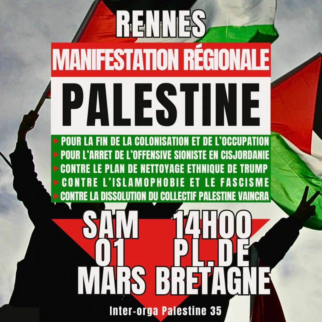 Tract manifestation régionale pour la Palestine. Rennes 1er mars