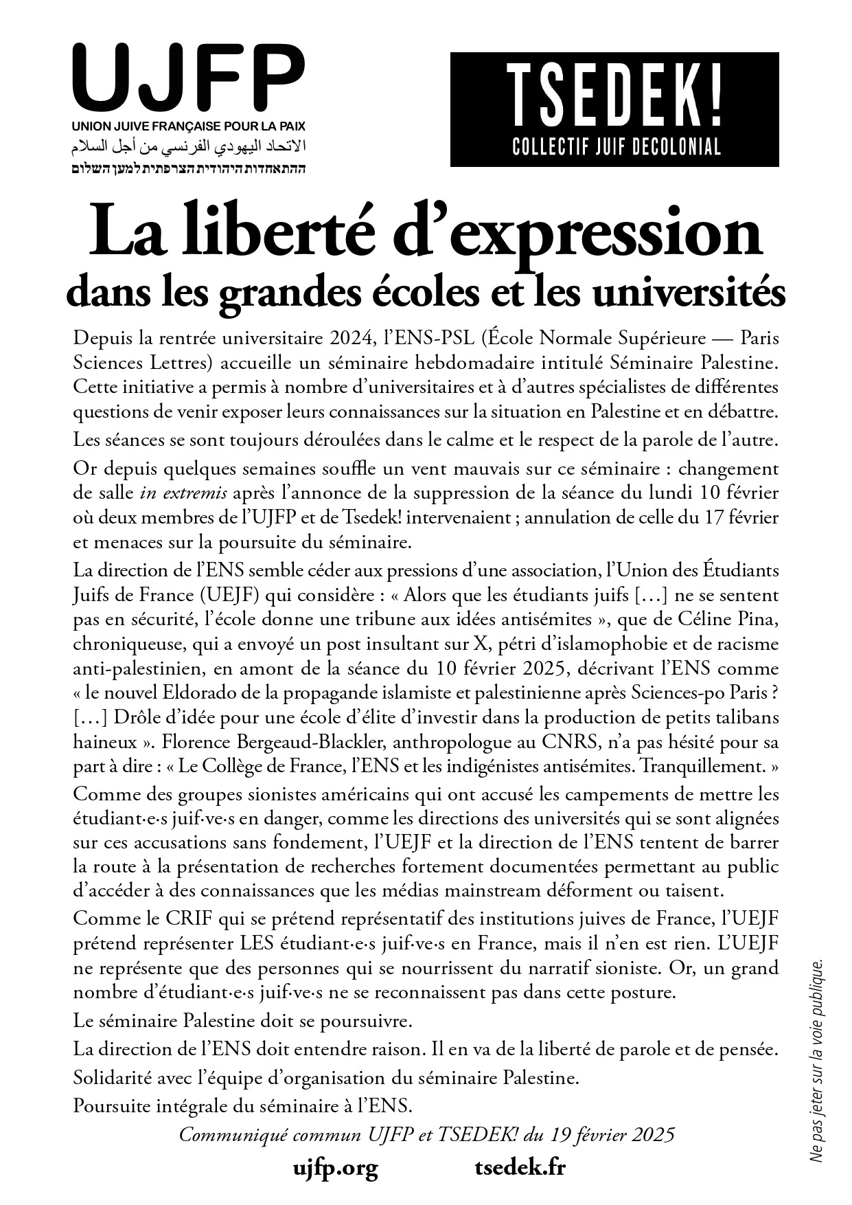 Liberté d’expression pour les grandes écoles et les universités 2 UJFP TSEDEK ENS 19.02.2025 page 0001 Liberté d’expression pour les grandes écoles et les universités