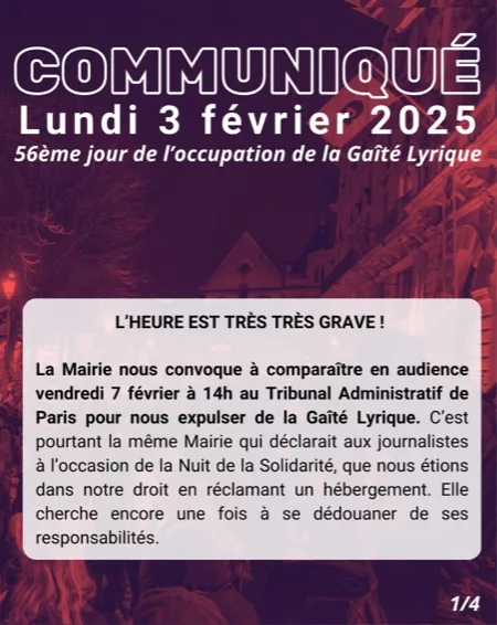 Gaité Lyrique. Communiqué à Paris (4ème), rassemblement de soutien aux jeunes du parc de Belleville