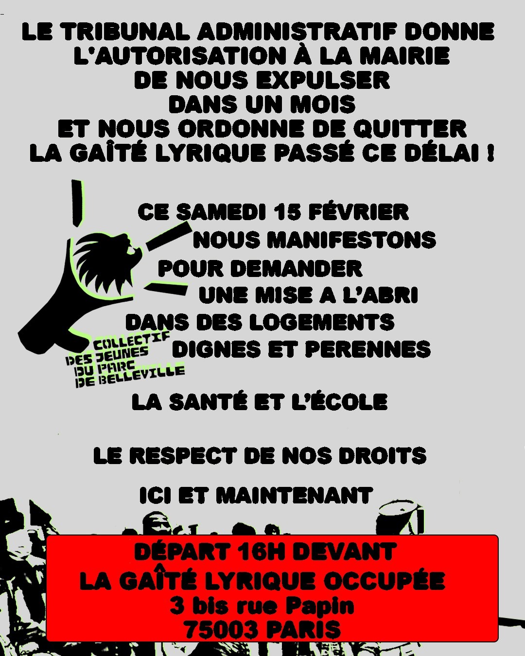 gaite15fev À Paris (3ème), manifestation de soutien aux jeunes du parc de Belleville