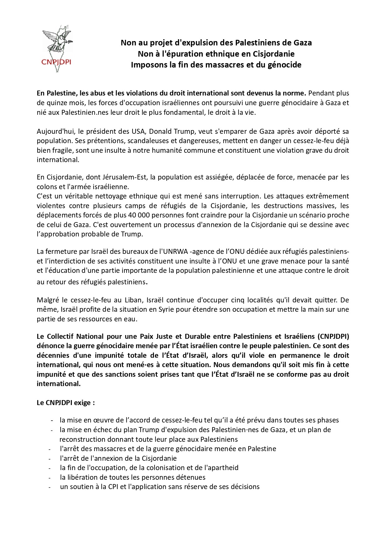 CNPJDI Appel rassembt 14 mars 2025 avec signatures page 0001 À Paris (6ème), rassemblement "Imposons la fin des massacres, du génocide, du déni d'humanité"