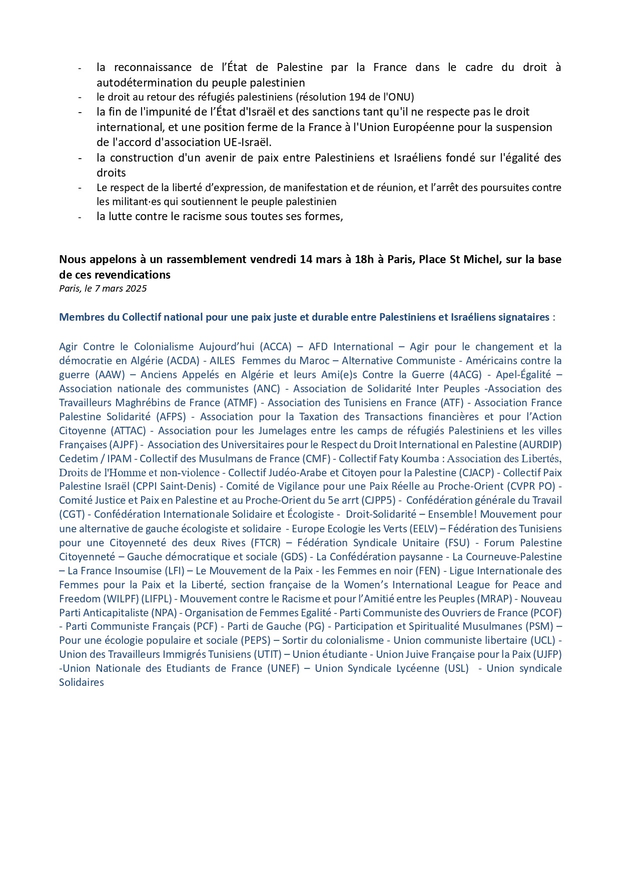 CNPJDI Appel rassembt 14 mars 2025 avec signatures page 0002 À Paris (6ème), rassemblement "Imposons la fin des massacres, du génocide, du déni d'humanité"
