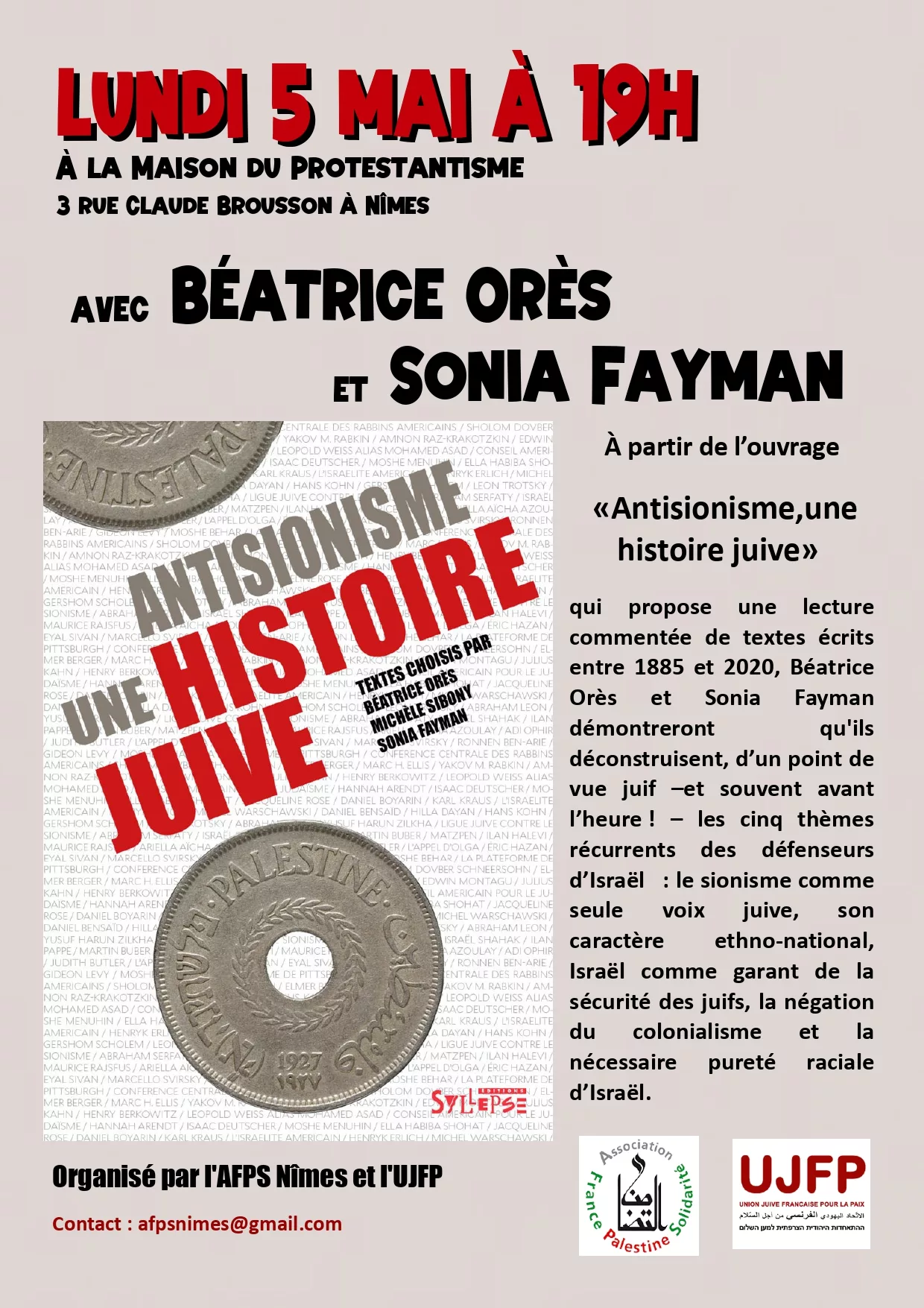 Projet daffiche pour le 5 mai jpeg À Nîmes (30), conférence-débat autour du livre "Antisionisme, une histoire juive"