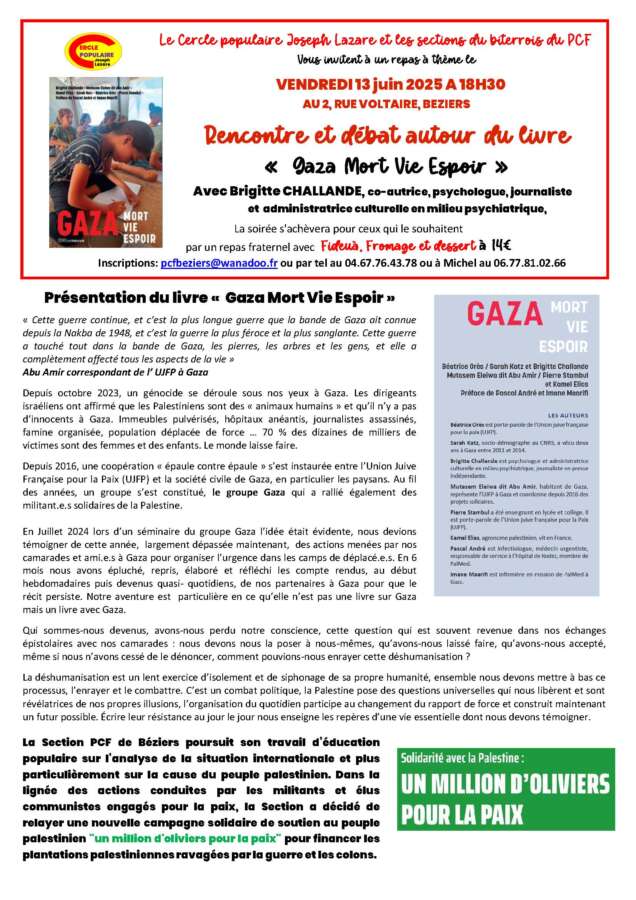 Flyer Debat.Repas gaza 13.06.25 À Béziers (34), présentation-débat du livre Gaza. Mort Vie Espoir