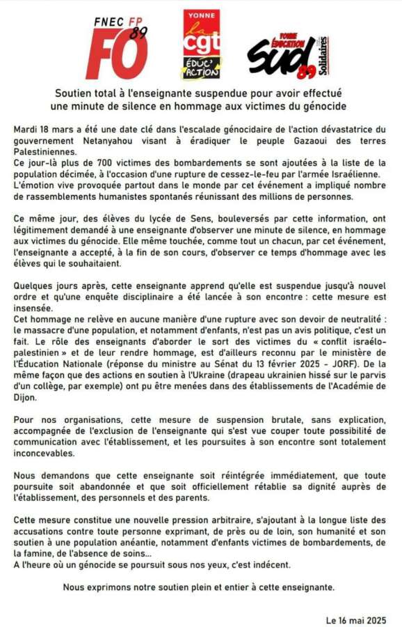 Soutien à l’enseignante suspendue pour avoir effectué une minute de silence en hommage aux victimes du génocide 2 IMAGE 2025 05 20 09 54 59 Soutien à l’enseignante suspendue pour avoir effectué une minute de silence en hommage aux victimes du génocide