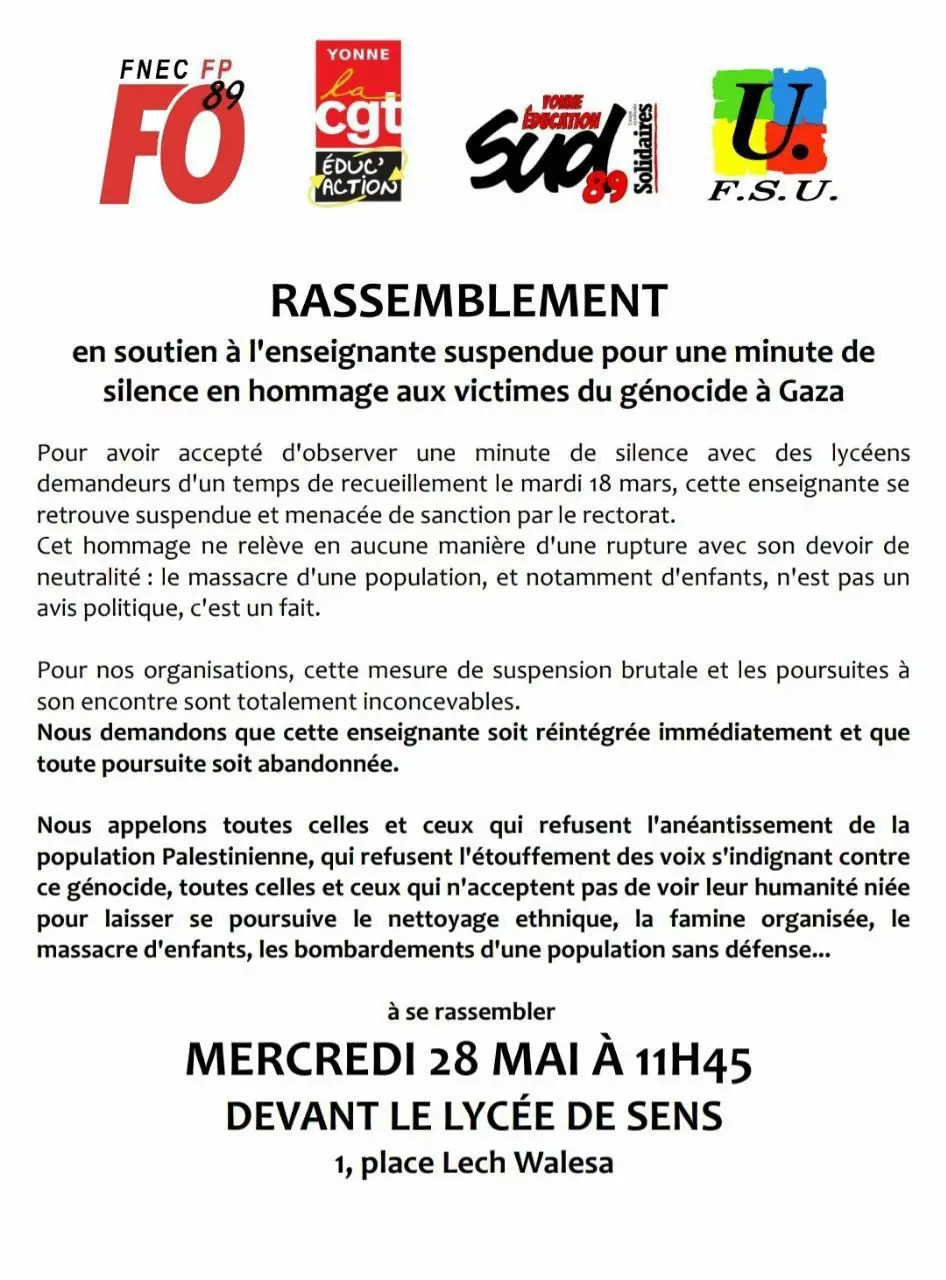 IMG 20250522 WA0018 002 À Sens (89), rassemblement en soutien à l'enseignante suspendue pour une minute de silence en hommage aux victimes du génocide à Gaza