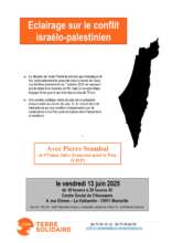 Tract pour le 13 juin 2025 page 0001 À Marseille (11ème), "Eclairage sur le conflit israélo-palestinien" avec Pierre Stambul
