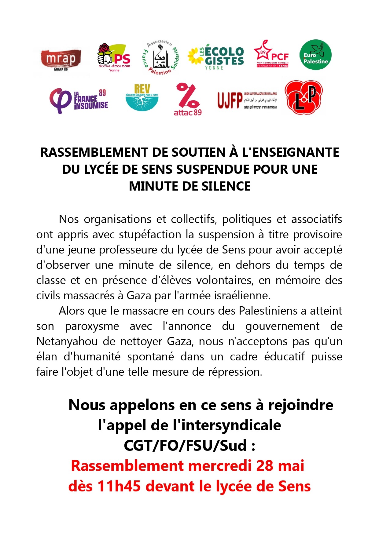 À Sens (89), rassemblement en soutien à l'enseignante suspendue pour une minute de silence en hommage aux victimes du génocide à Gaza 4 unitaire rassemblement Sens page 0001 À Sens (89), rassemblement en soutien à l'enseignante suspendue pour une minute de silence en hommage aux victimes du génocide à Gaza