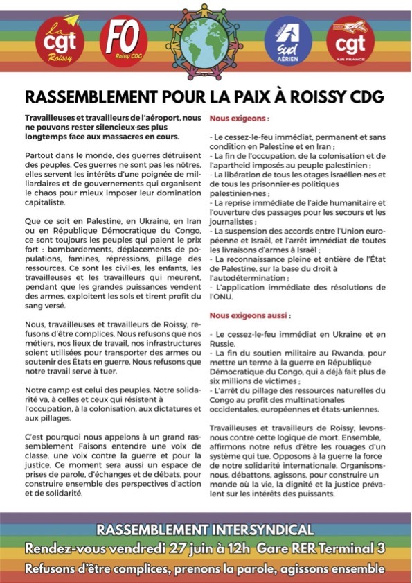 27 06 2025 12H ROISSY CDG T3 Rassemblement contre la guerre