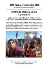 Flyer Gaza copie À Frontignan (34), Projection du film "Aimer la mer à Gaza" suivie de la présentation du livre "Gaza. Mort Vie Espoir " avec Brigitte Chalande