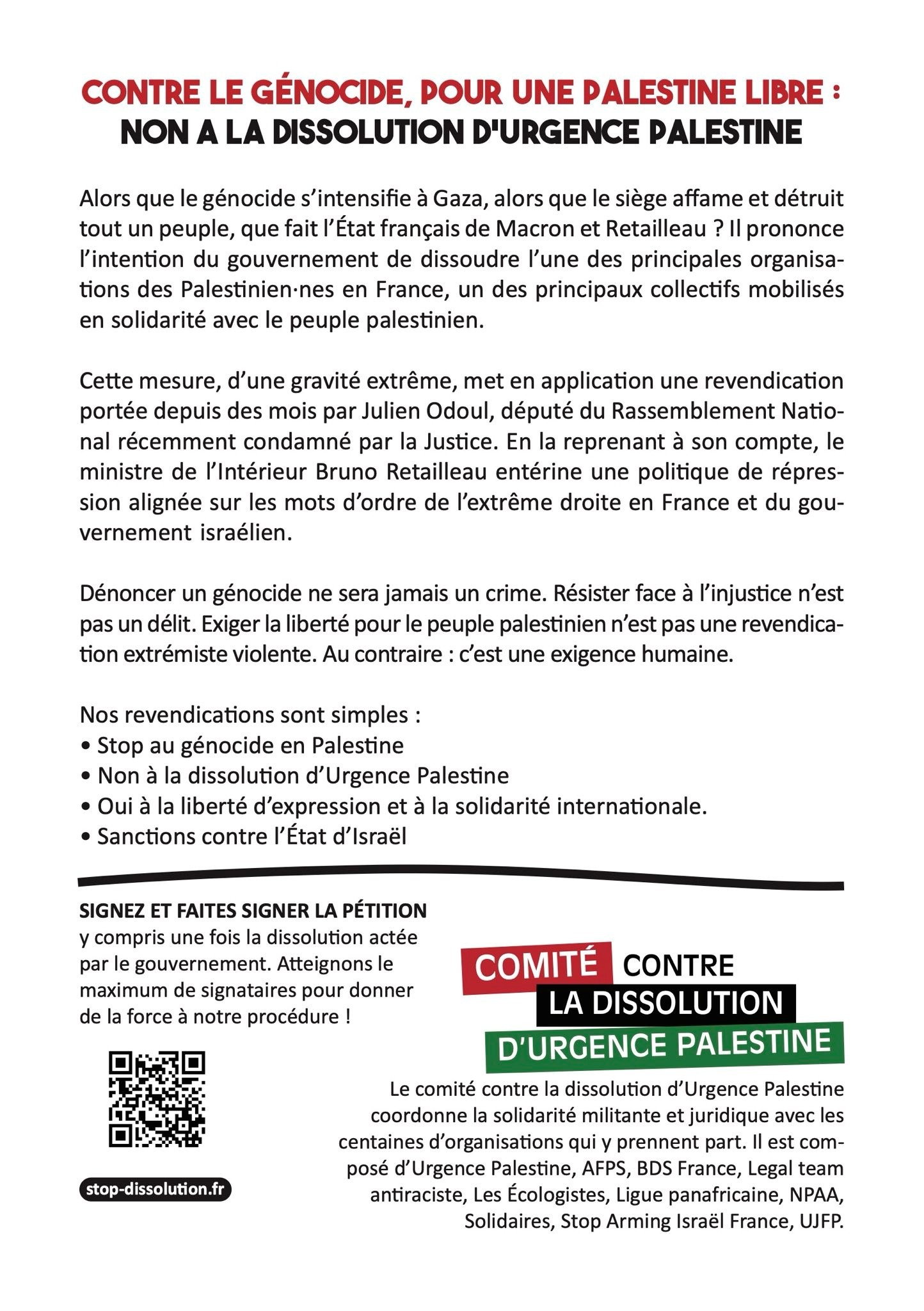 Contre le génocide, pour une Palestine libre : non à la dissolution d’Urgence Palestine 2 UPcontre Contre le génocide, pour une Palestine libre : non à la dissolution d’Urgence Palestine