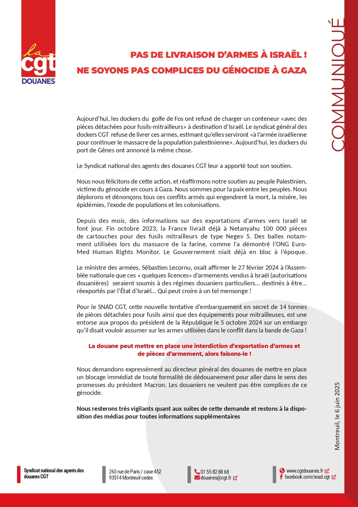 Communiqué du syndicat des agents des douanes CGT : "Pas de livraison d’armes à Israël !" 2 armes page 0001 Communiqué du syndicat des agents des douanes CGT : "Pas de livraison d’armes à Israël !"