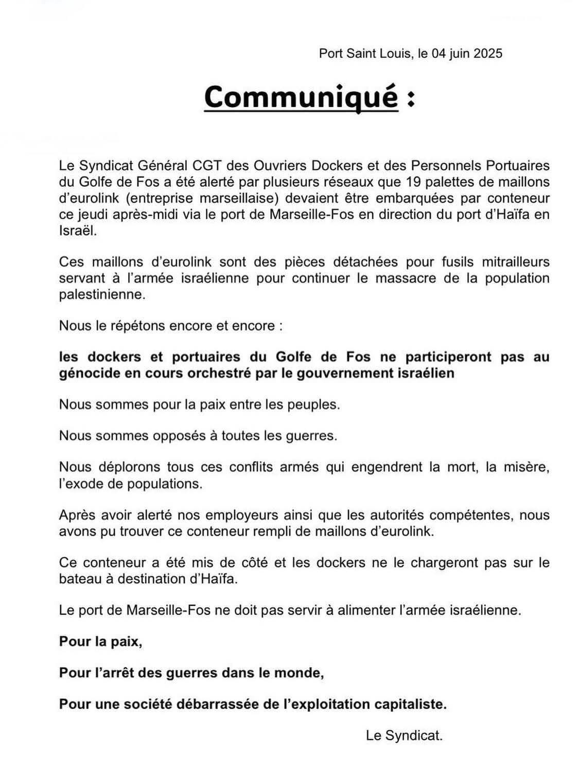 communique dockers Communiqué du syndicat GGT des dockers de Fos : "Le port de Marseille-Fos ne doit pas servir à alimenter l'armée israélienne"