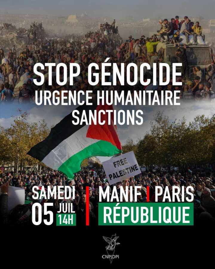 Flyer 5 juillet 25 À Paris, manifestation contre le génocide