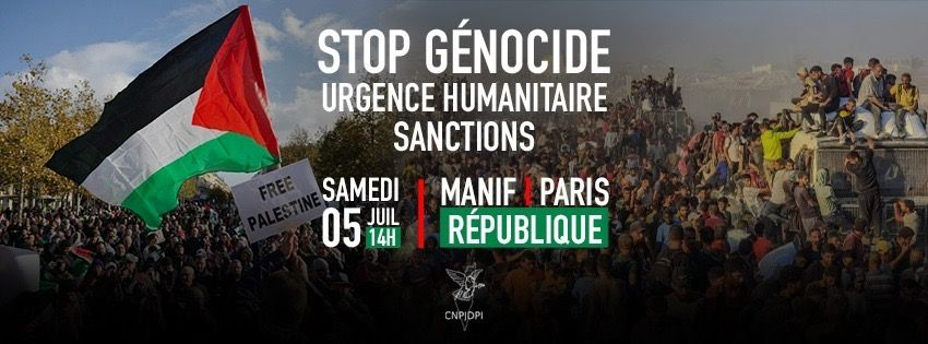 Flyer 5 juillet bandeau À Paris, manifestation contre le génocide