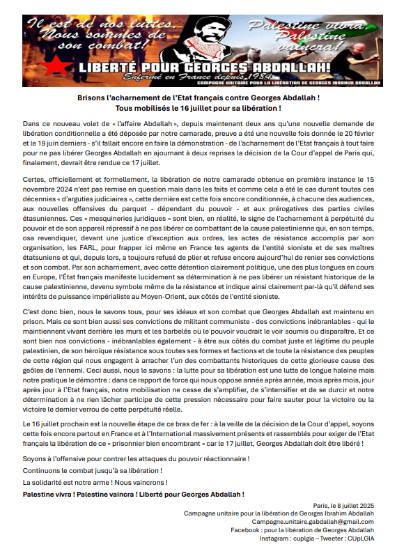 Campagne unitaire pour la libération de Georges Ibrahim Abdallah 3 GIA juillet 2025 Campagne unitaire pour la libération de Georges Ibrahim Abdallah