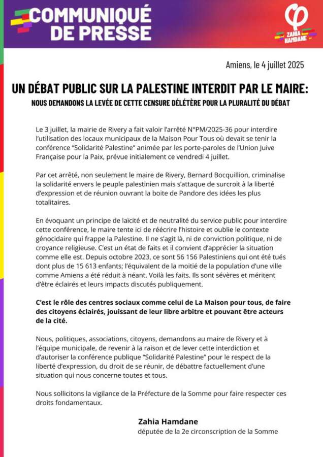 comm lfi amiens À Amiens, un débat public sur la Palestine interdit par le maire