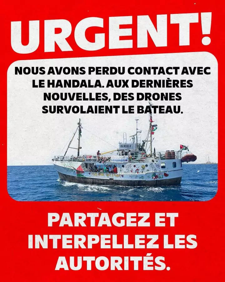 flottille Handala Flottille pour la liberté : contact rétabli avec le bateau parti pour Gaza - Continuous de suivre le bateau !