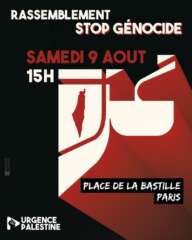 Flyer rassemblement 9 aout 25 À Paris, rassemblement contre le génocide à Gaza