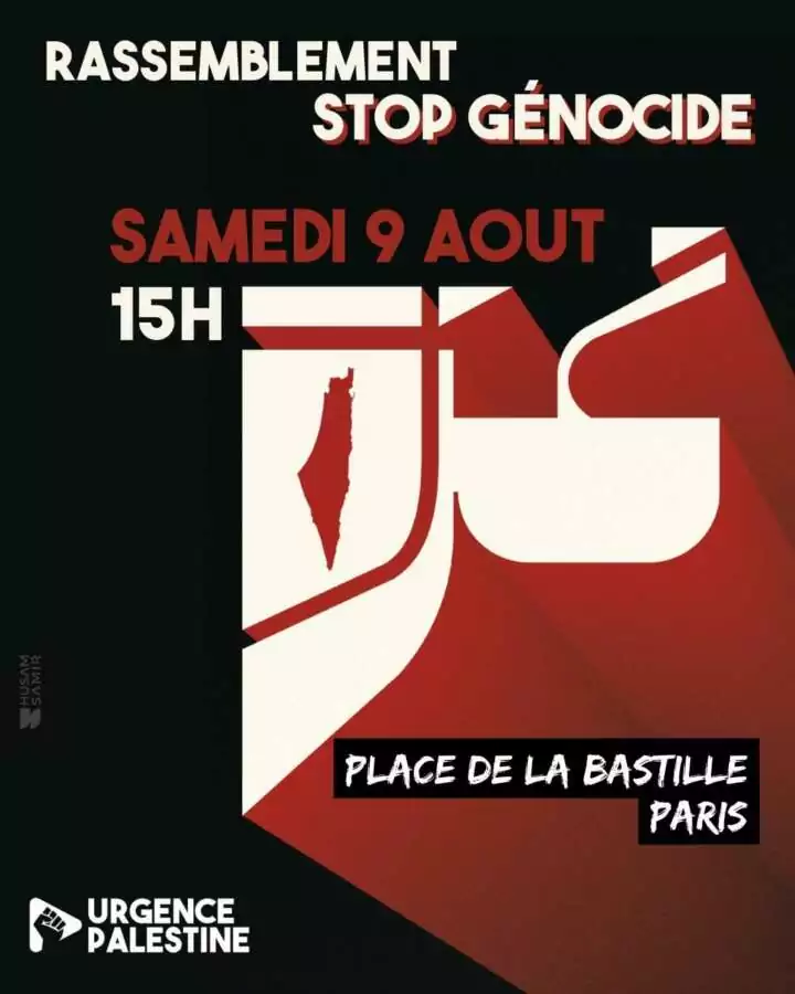 Flyer rassemblement 9 aout 25 À Paris, rassemblement contre le génocide à Gaza