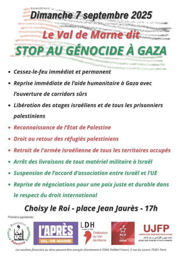 À Choisy le Roi (94), marche pour Gaza 3 Tract commun stop genocide Gaza 07 09 25 À Choisy le Roi (94), marche pour Gaza